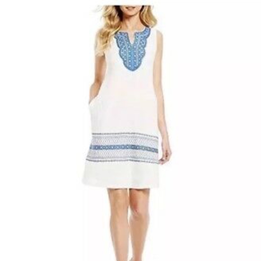 NWT J McLaughlin Blue & White Embroidered Linen Augustine Dress Size S